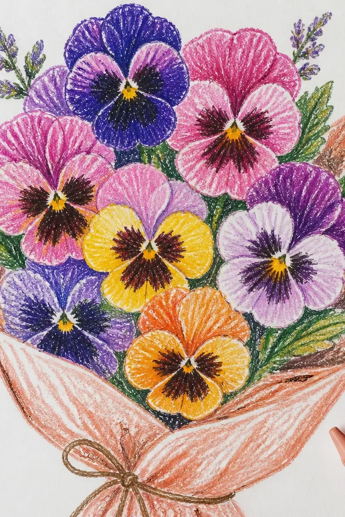 Blush pink pansies with warm brown throats on a light beige background