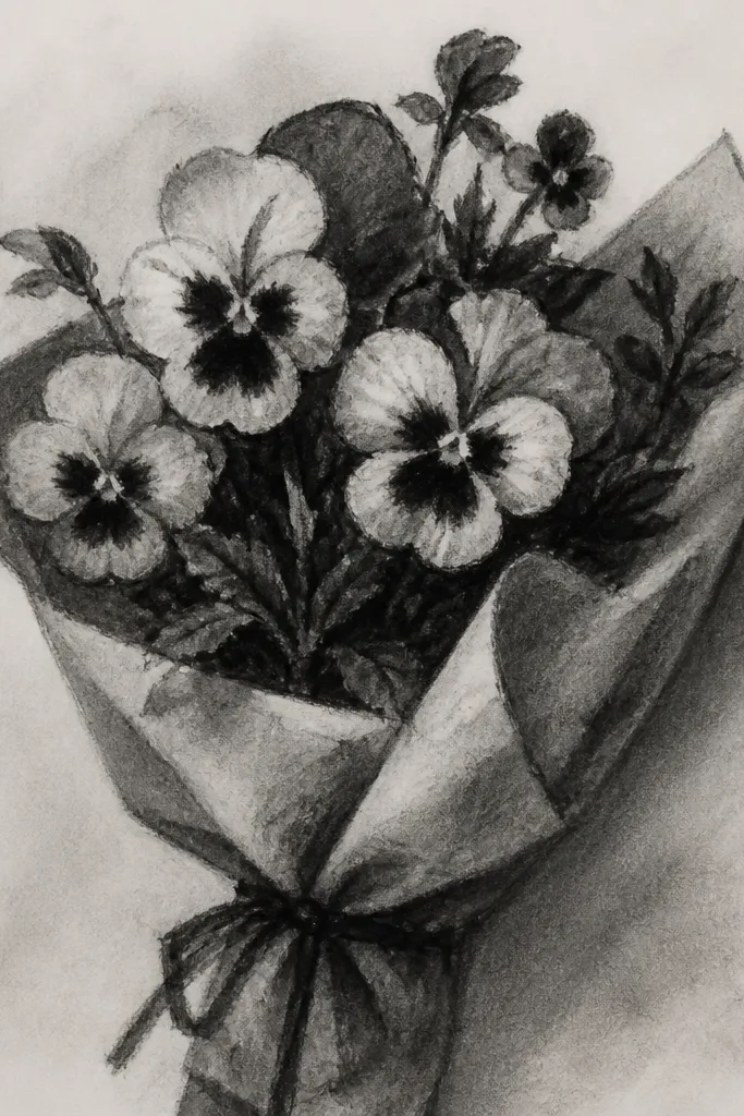 Gray graphite pansies with dark centers on white paper