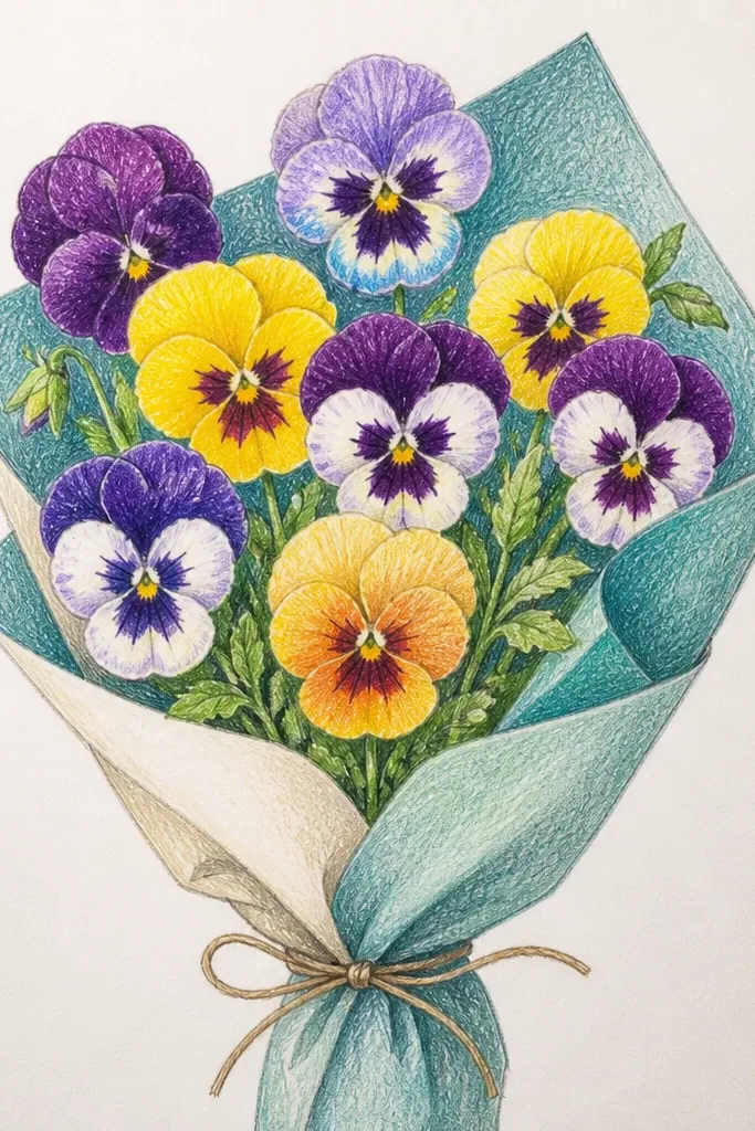 Teal pansies with cream highlights and small dark spots