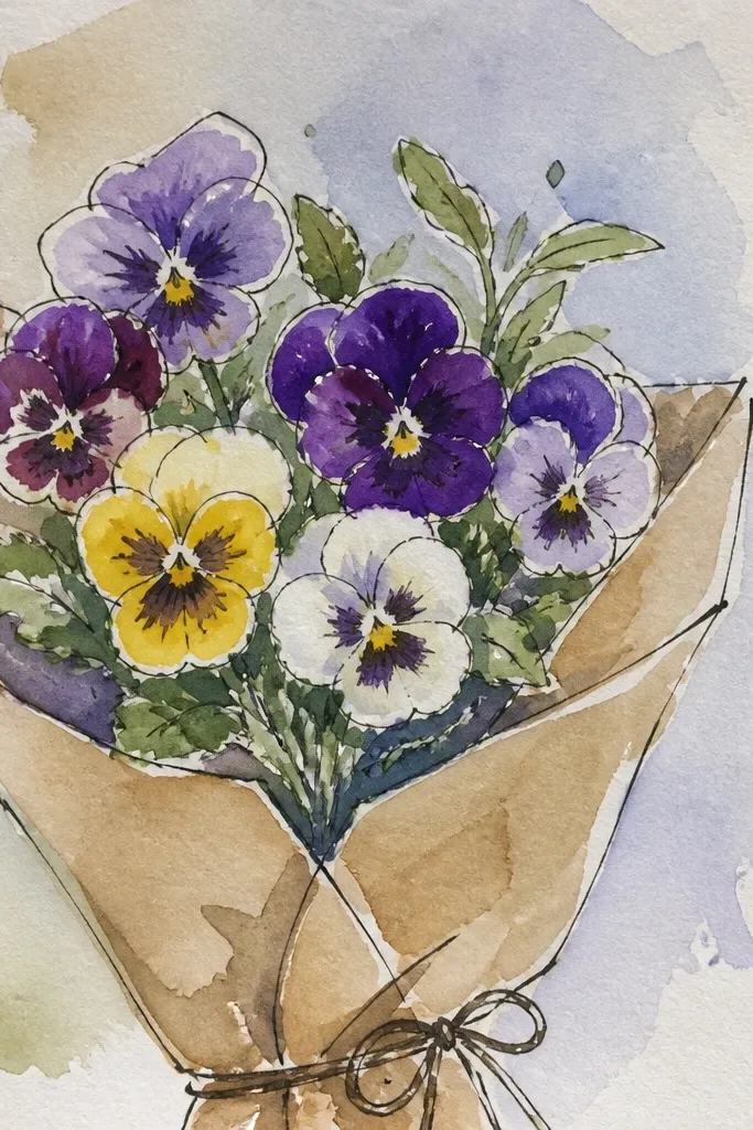 Crisp gouache pansies with white petal edges and clean background