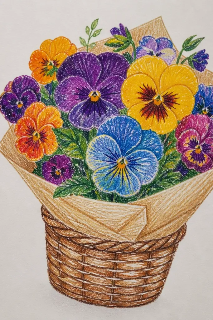 Pansies inside a simple woven basket drawing with clean linework