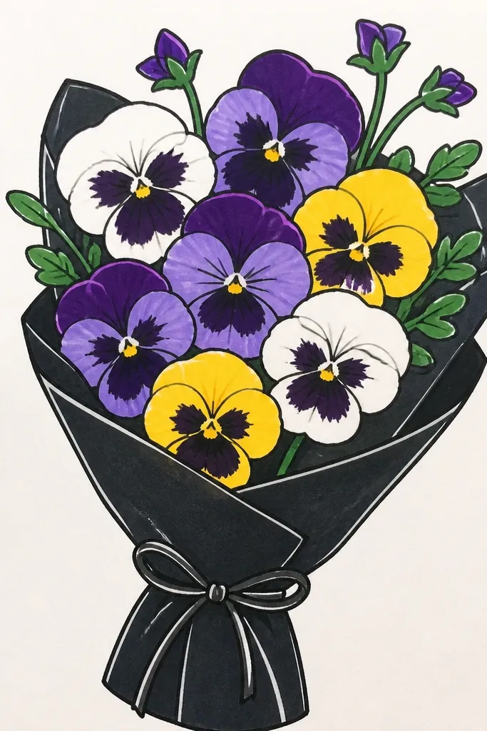 White-highlight pansies drawn on black paper with soft colored accents