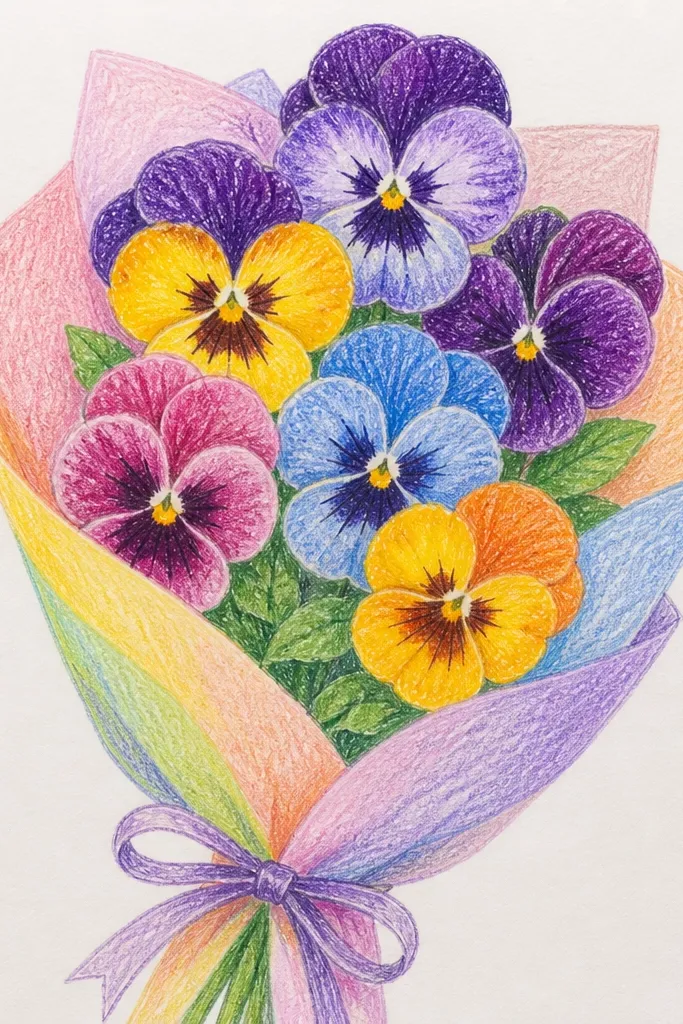 Pastel pansies in different colors arranged into one bouquet