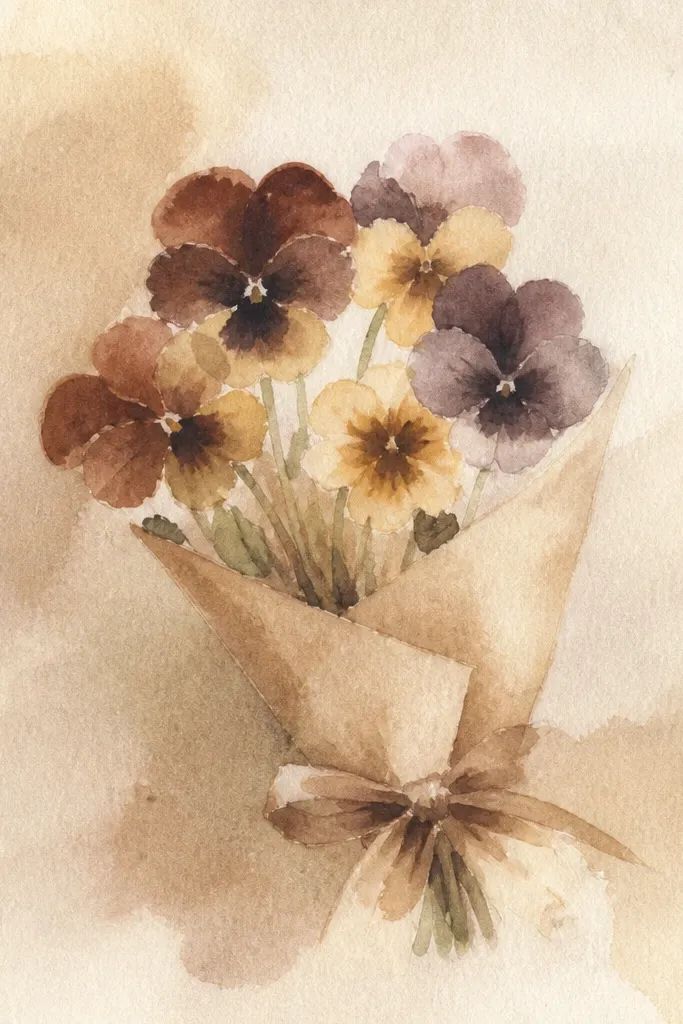 Sepia pansy bouquet with textured grain background and soft vignette