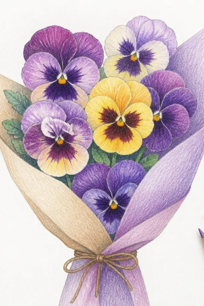 Pansies with ombre petals fading from dark to light and clean background
