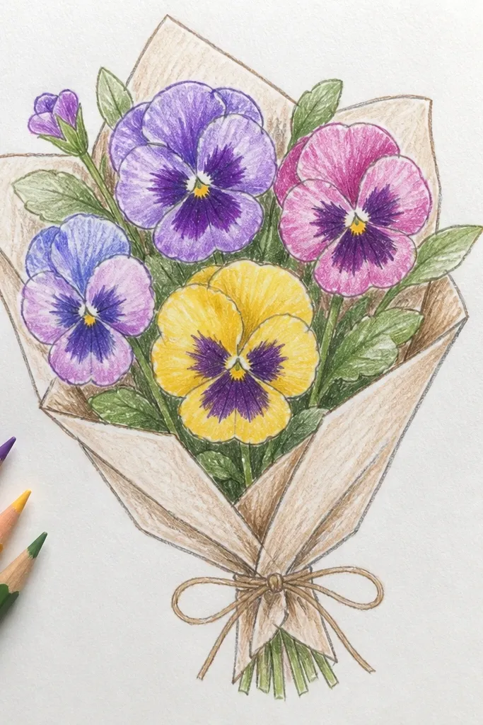 Fine line pansies with tiny color fills and lots of white space