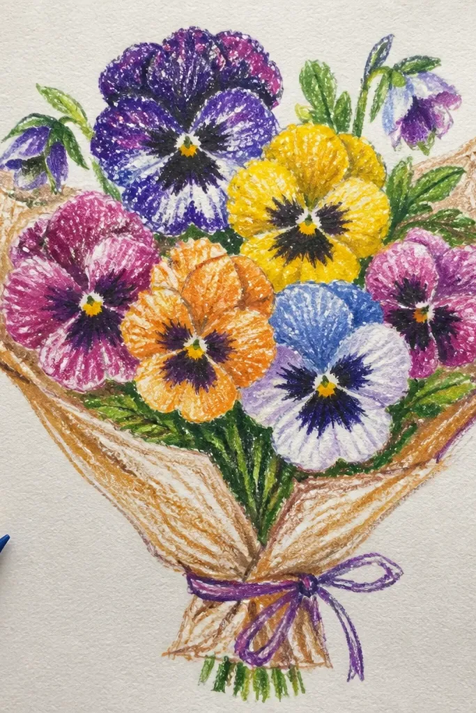 Watercolor pansies with bright lifted highlights and soft washed petals