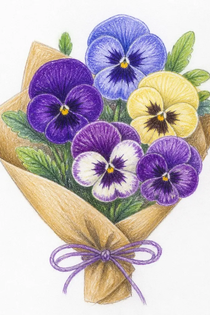 Velvety colored pencil pansies with smooth gradients and deep centers