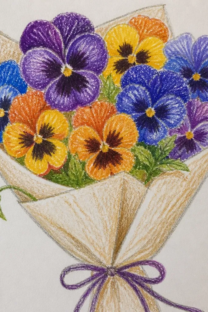 Purple pansies with gold dot centers and a clean pale background