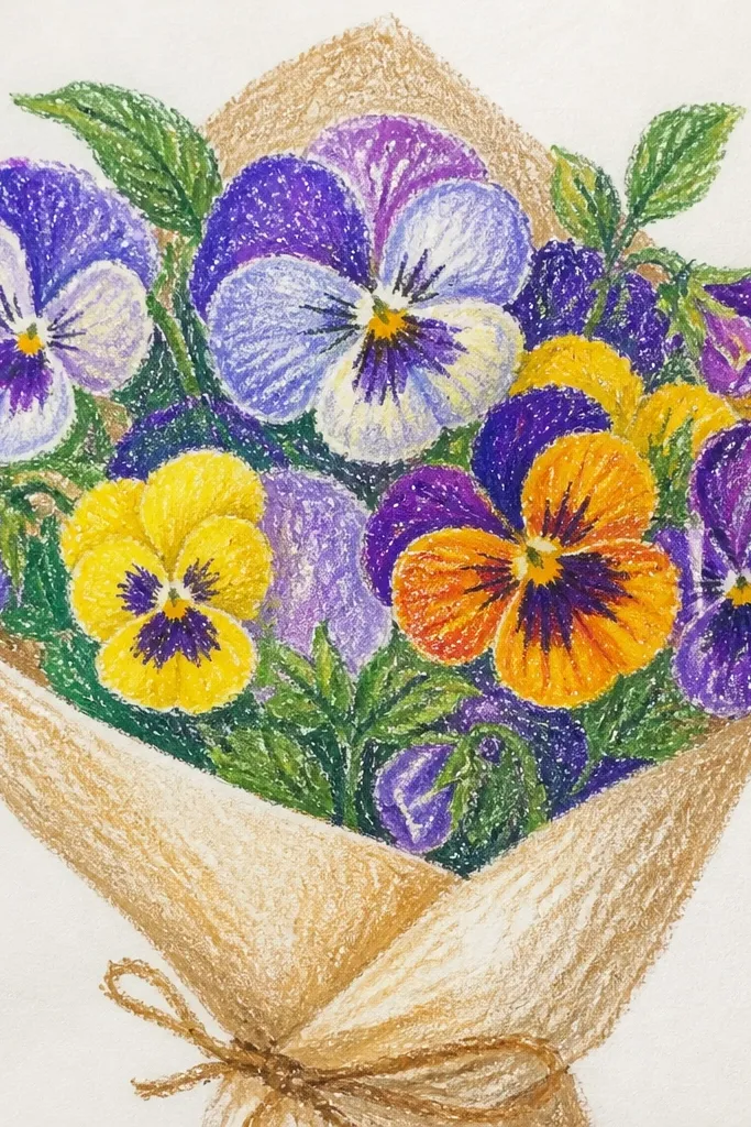 Soft pastel pansies with bright crayon-resist highlights