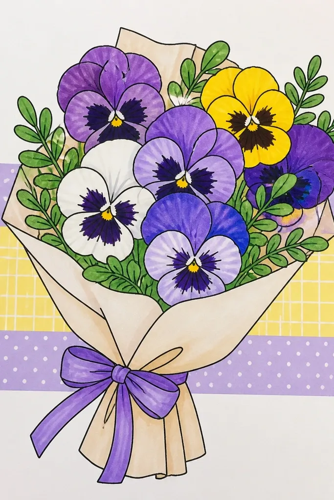 Pansies over a background with subtle vertical pattern strips