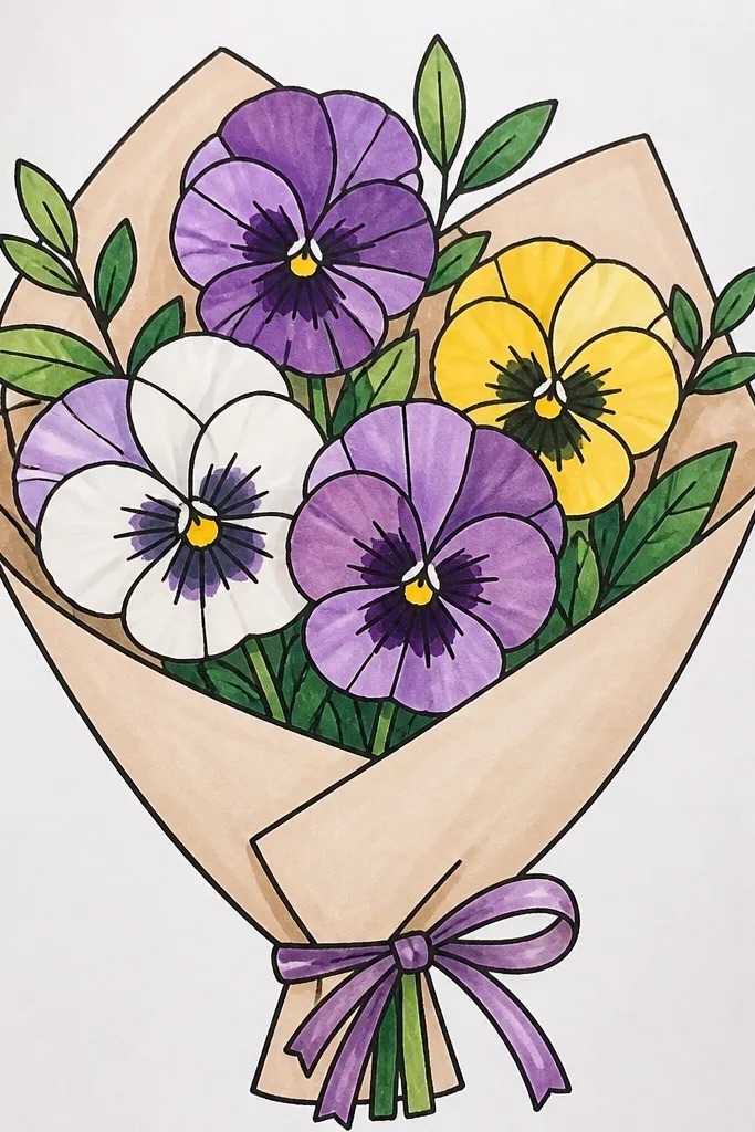 Pansies outlined like stained glass with colored petal panels