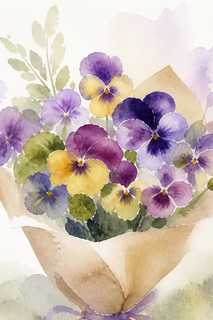 Pansy bouquet with minimal leaves and lots of negative space