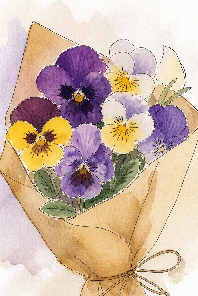 Pansies over tea-stained ombre paper with crisp cut petal edges