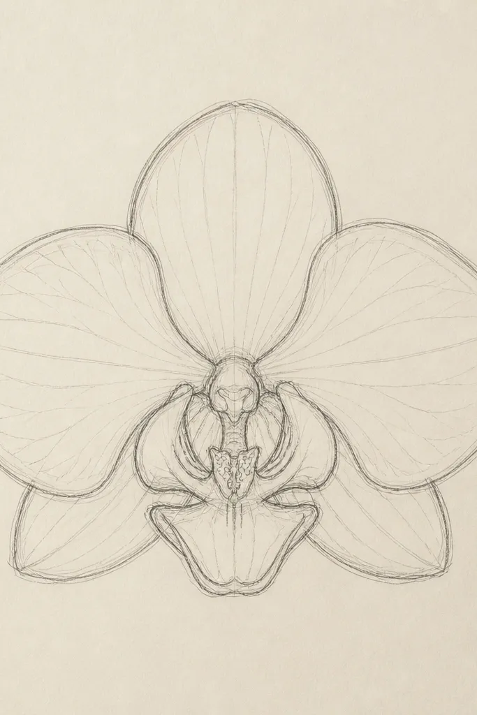 A centered Phalaenopsis orchid drawing on cream cardstock. The lip is a rounded cup with a dark shadow under the fold, and the three main petals are outlined with a medium-thick black pen. Light pencil shading fades from the petal base to the edge, with a few vein lines on the side petals.
