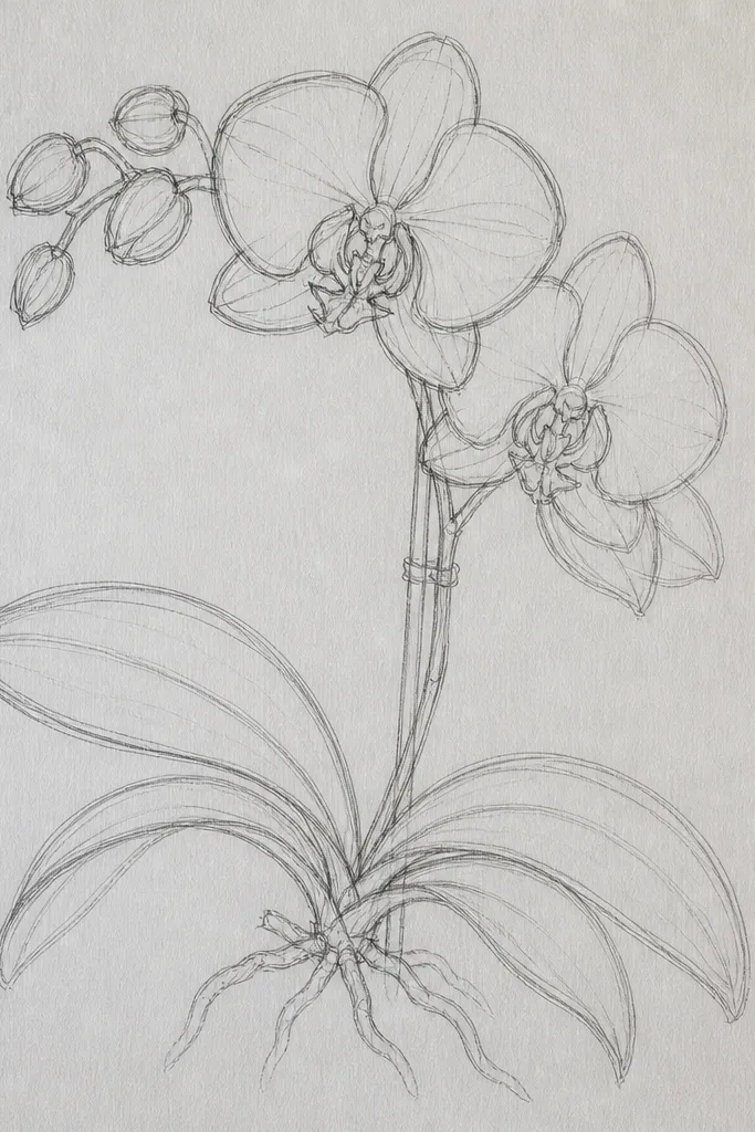 A Phalaenopsis orchid shown at a slight angle, with the central lip facing left. One long leaf sweeps across the lower right corner, drawn with a confident single line and light shading. The petals have gentle gradients and subtle vein lines, and the background is blank white.