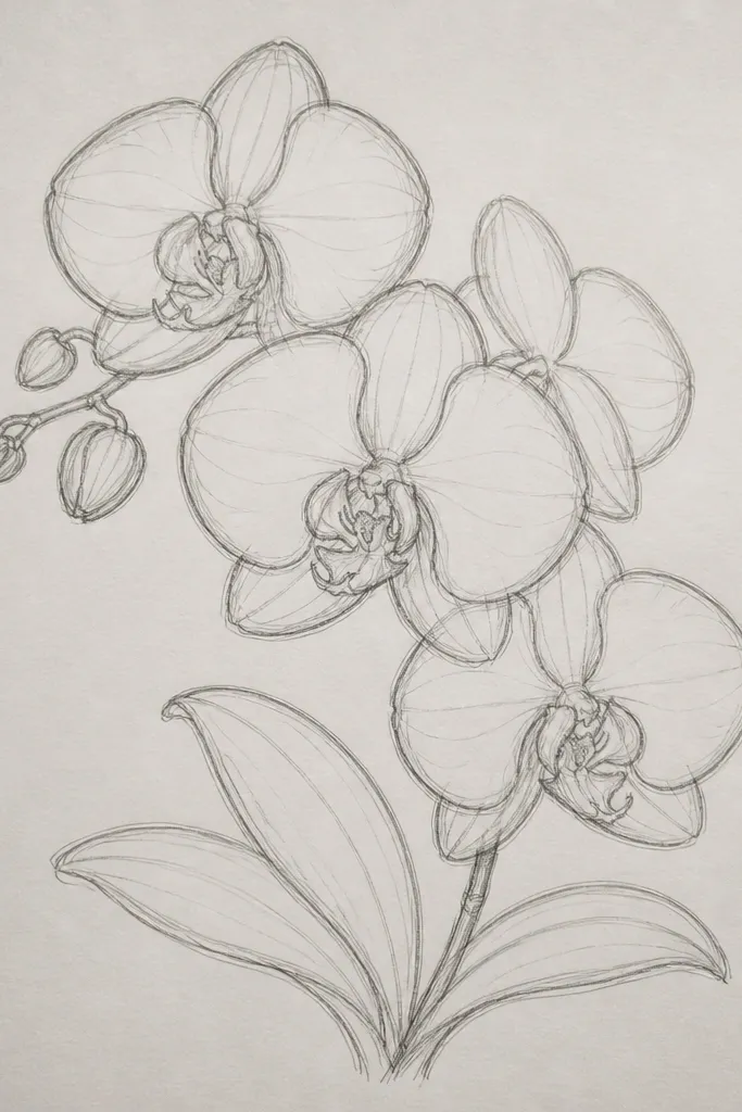 A cluster of three small Phalaenopsis orchid heads rising from a shared stem. Each orchid overlaps the next, with the front orchid showing the clearest lip shadow. The background is light and mostly blank, with tiny leaf stems and a few thin vine lines connecting the cluster.