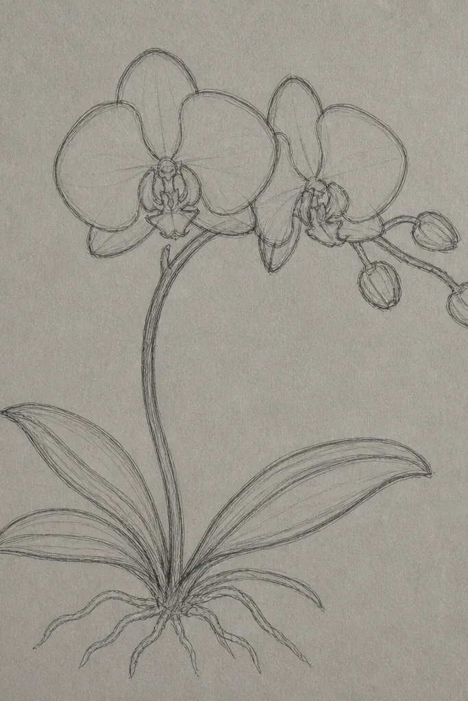 A Phalaenopsis orchid drawn with a single consistent line thickness on mid-grey paper. The petals are outlined in dark ink, with white gel pen highlights on the lip and petal edges. The veins are suggested with tiny short marks rather than full shading.
