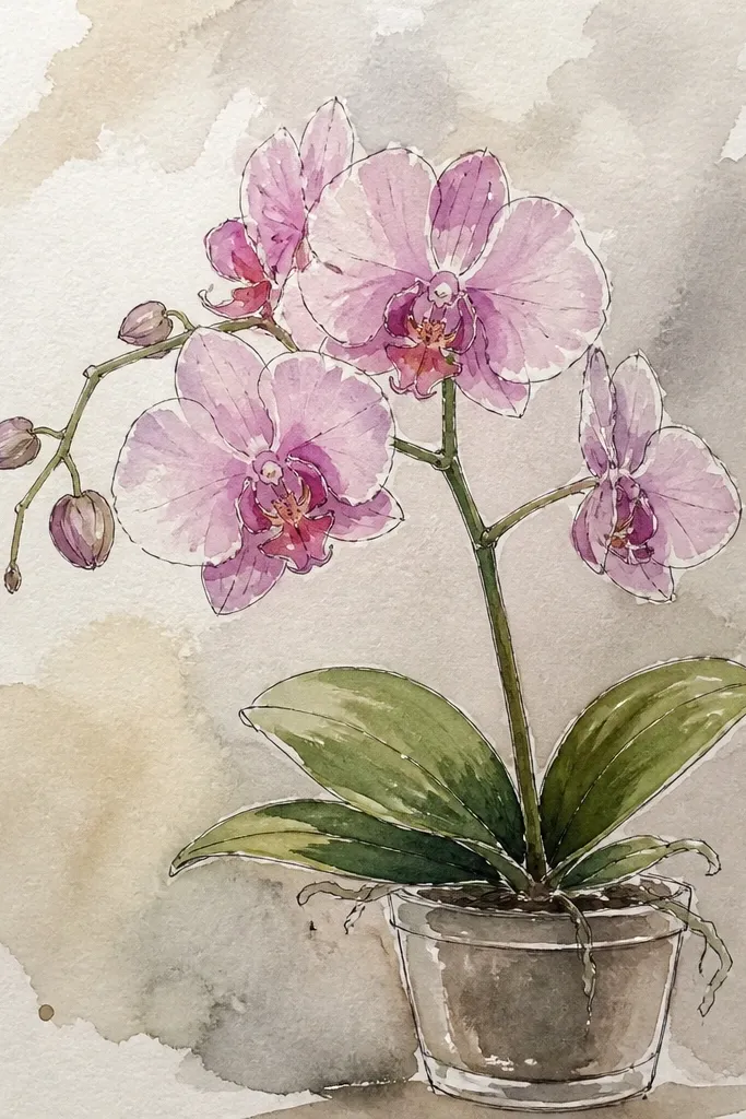 A Phalaenopsis orchid with soft watercolor blooms in pale pink and lavender. The petals have light wash gradients, and the veins are drawn with fine black pen lines. The lip has a deeper pink center and a darker pen outline under the fold.