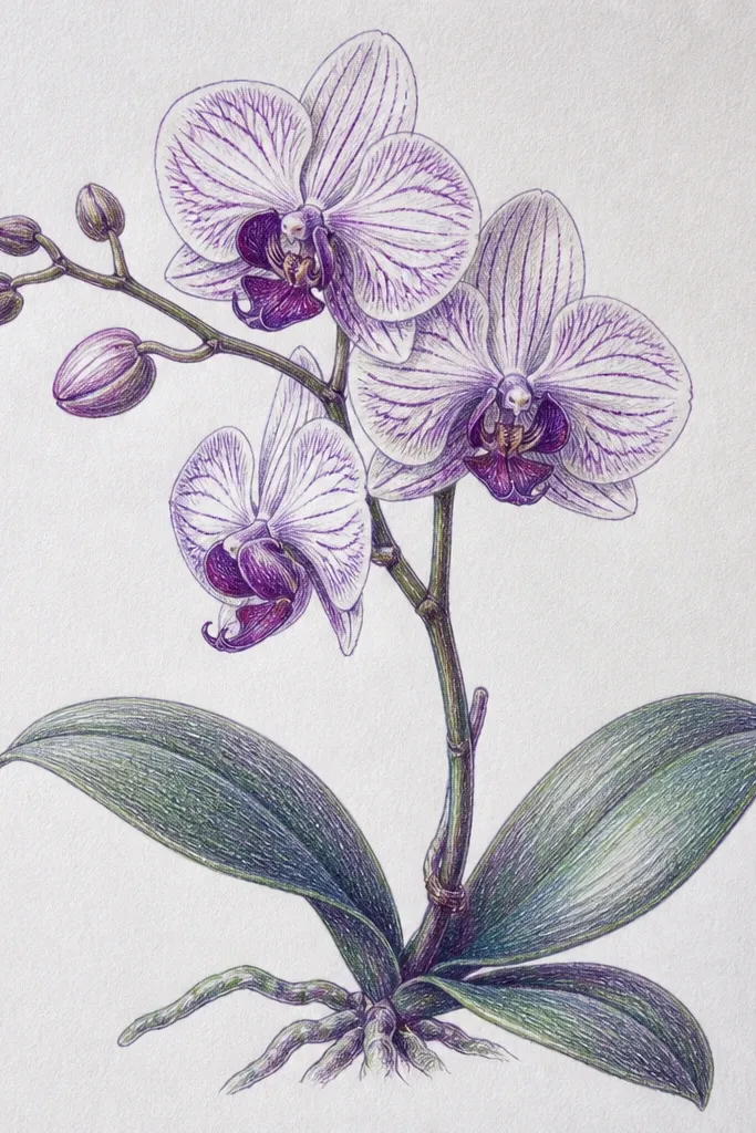 A black ink Phalaenopsis orchid drawn on white paper. The petals have cross-hatched shading lines, especially under the lip fold and along the inner edges of the side petals. Veins are shown as short ink strokes, and the stem is a thin line with a few leaf accents.