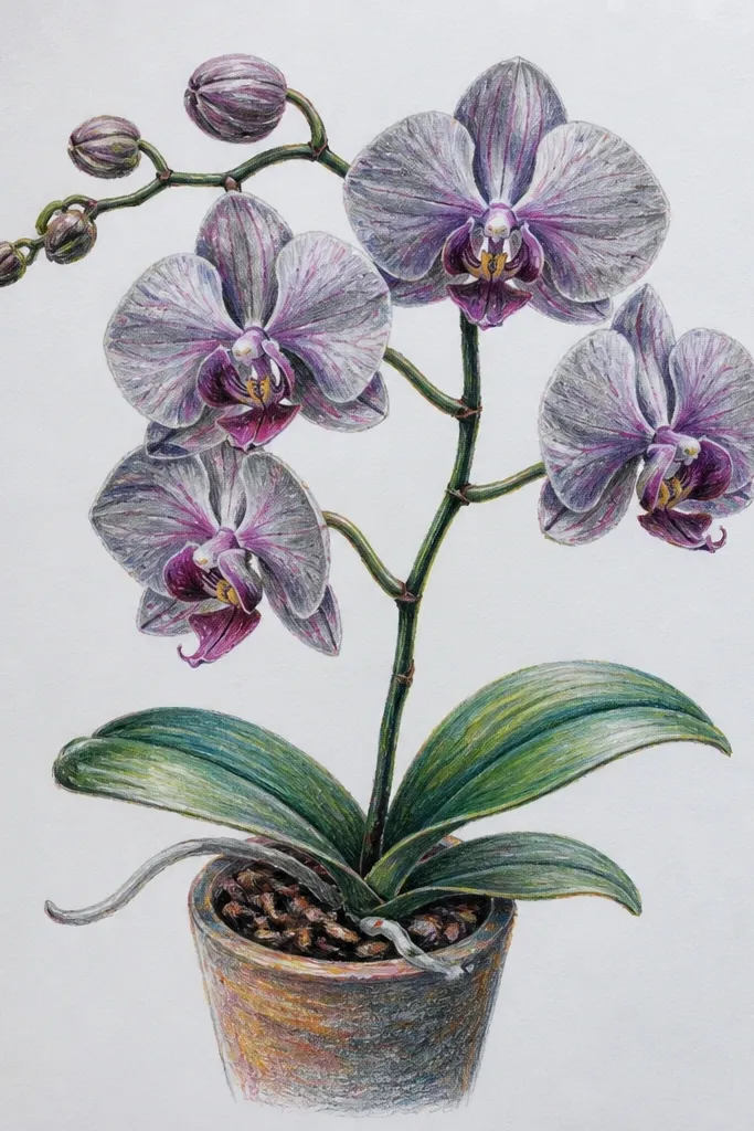 A Phalaenopsis orchid in graphite on smooth white Bristol paper. The petals show smooth, glossy-looking gradients from dark base to light edges. The lip fold shadow is soft with a clean highlight strip on the top rim, and the veins are faint but visible.