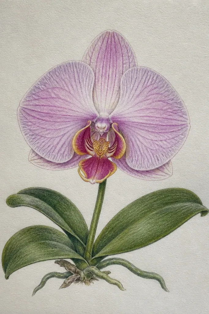 A Phalaenopsis orchid drawing with mostly black ink and graphite shading. The lip rim and a thin inner curve are traced with metallic gold paint pen. The rest of the petals have light pencil gradients, and the center of the lip has a faint warm blush tone.