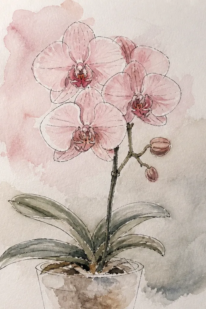 A Phalaenopsis orchid on white paper with an ink outline. The petals are filled with very light blush color that spreads softly at the edges. The lip has a darker blush center and a crisp ink shadow under the fold; veins are drawn as delicate ink strokes.