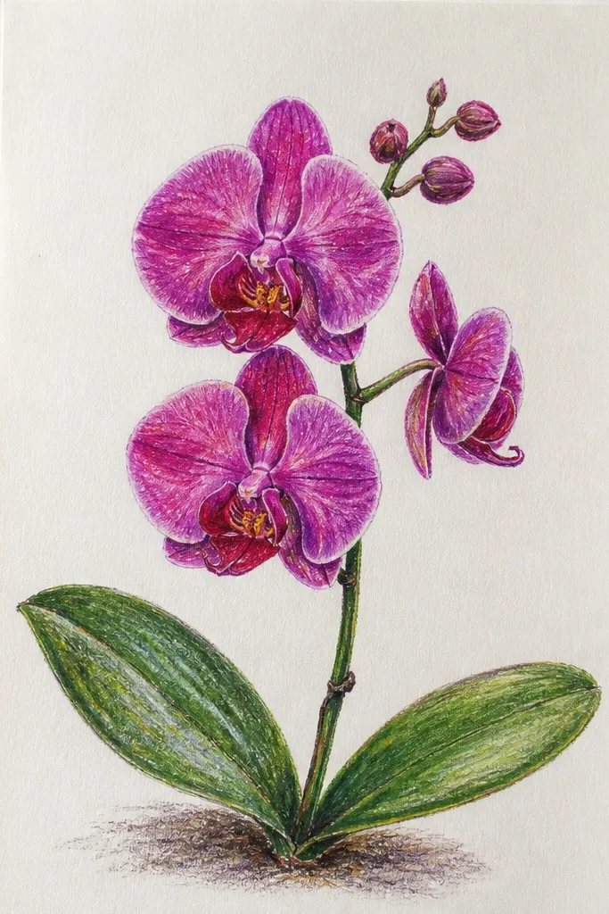 A tall, vertical Phalaenopsis orchid drawing. The stem runs straight up, and only two leaves appear, one on each side. The petals are drawn with soft graphite shading, and the lip shadow is crisp. The background is blank, with a lot of negative space around the orchid.