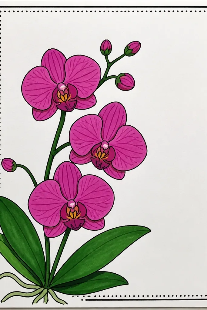 A Phalaenopsis orchid drawn in the top-left corner of the page. The rest of the page is blank except for a thin border made of small dots along the top and left edges. The orchid has detailed veins on the side petals and a shadowed lip cup.