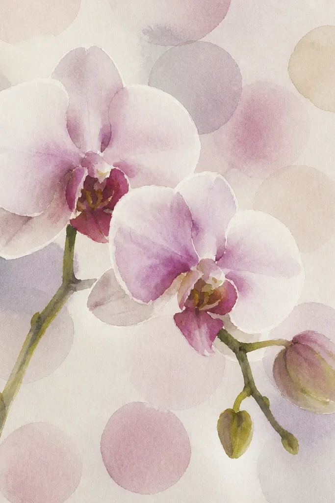 A Phalaenopsis orchid centered on paper with a soft polka-dot background. The dots are pale grey and faintly pink, laid in a loose grid behind the petals. The orchid petals have pen outlines and light graphite shading, with a deeper shadow under the lip fold.