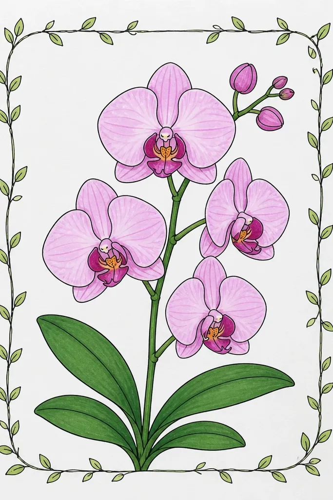 A Phalaenopsis orchid centered inside a loose vine frame drawn with thin pencil lines. Two small leaf shapes arc around the top and sides. The orchid is mostly black ink with graphite shading, and there are tiny green pencil tints on leaf veins only.