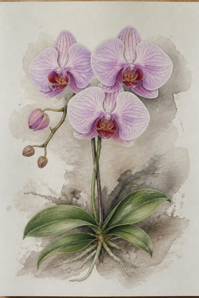 A Phalaenopsis orchid drawn with ink where the petal edges show a soft feathered bleed. The petals have darker centers and lighter edges. The lip fold shadow is defined but still has a gentle ink blur around the darkest area.