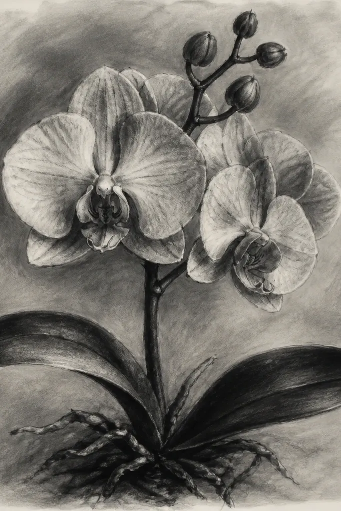 A Phalaenopsis orchid portrait with a smooth light grey wash background. The orchid is drawn in black pen and graphite shading, with a clean white highlight on the top petal edge. The background fades lighter near the orchid, and the stem is thin and centered.