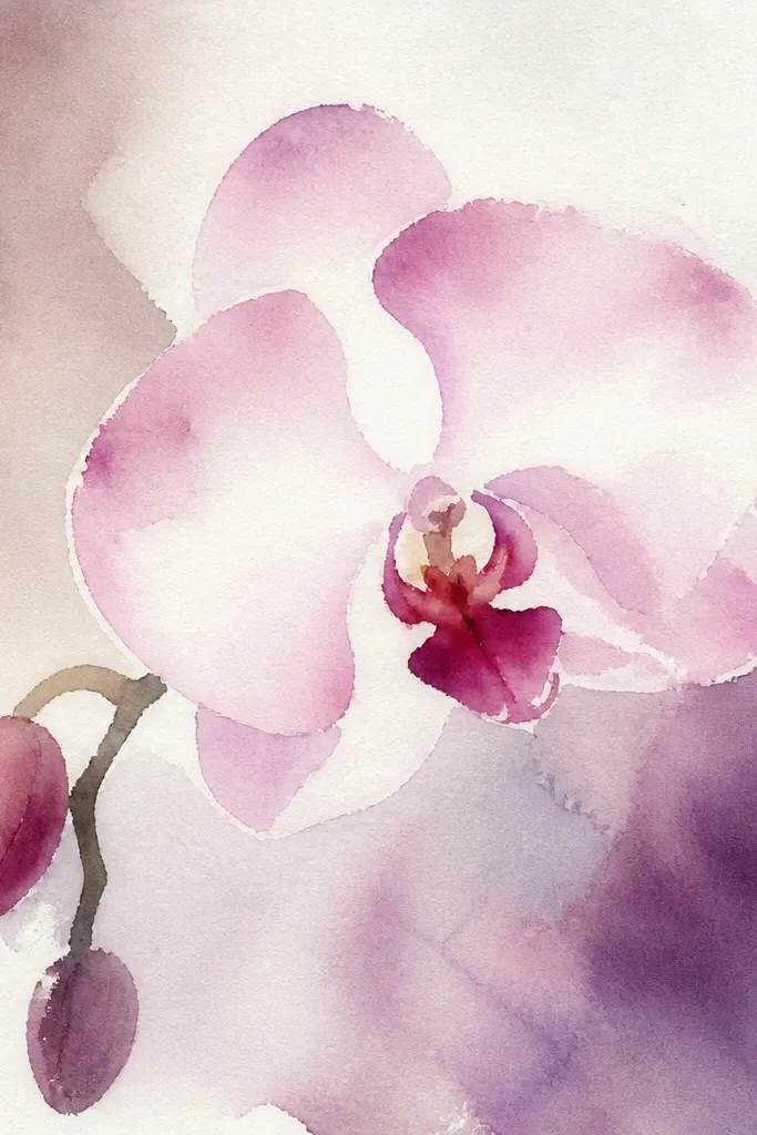 A Phalaenopsis orchid where the petals are mostly white, with watercolor tint only along the edges. The lip has a thin deeper pink edge and a dark shadow under the fold. Veins are drawn with fine pen lines, and the center of each petal stays bright.