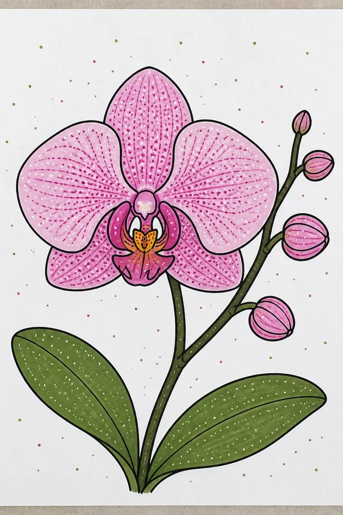 A Phalaenopsis orchid drawn with ink and graphite shading. The lip rim has tiny white dot highlights, and the background includes a light speckle of pale dots around the orchid. Veins are short ink strokes, and the stem is thin with a small leaf.