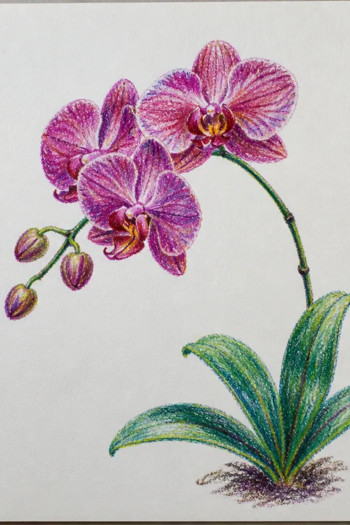 A Phalaenopsis orchid shown from the side angle, with the lip pointing slightly toward the viewer. The stem is drawn like a calligraphy stroke, thicker at one end and tapering smoothly. The petals have gentle graphite shading, and the veins are minimal but placed where the petal folds create texture.