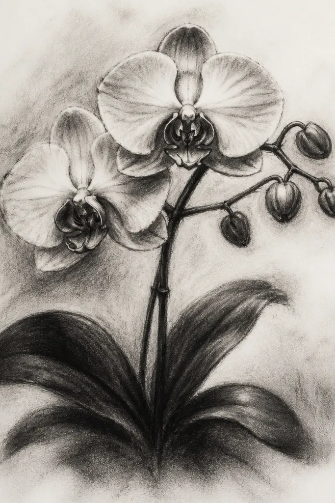 A Phalaenopsis orchid drawn in charcoal on white paper. The petals have charcoal smudge shadows that look velvety, and the lip fold is darker with a soft edge. Veins are lightly drawn, and the background stays mostly clean with a few faint smudges near the stem.