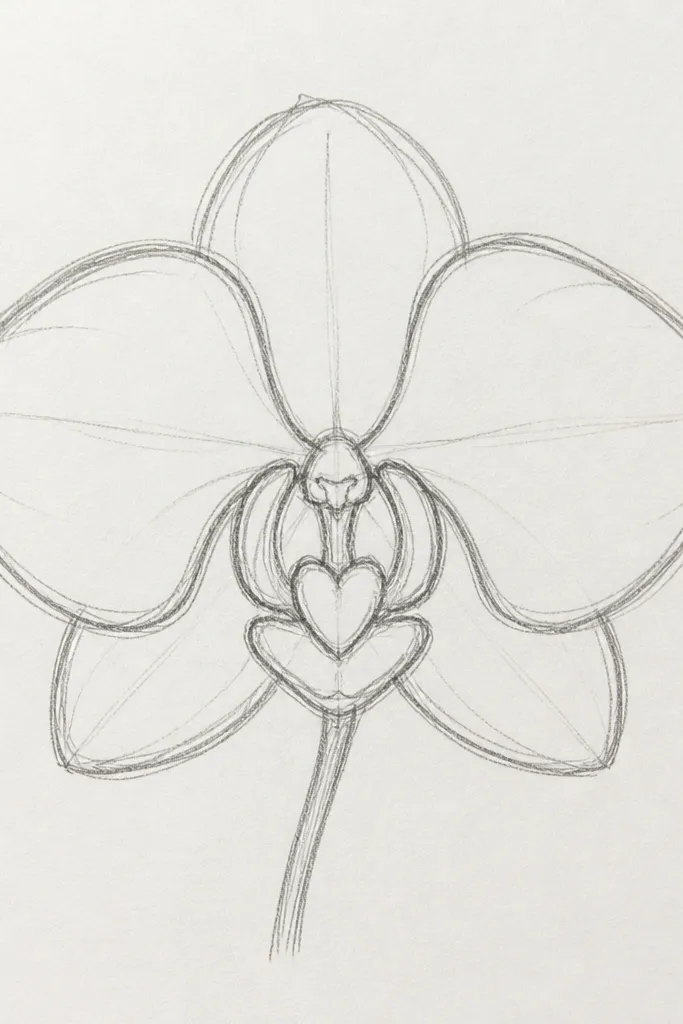 A playful Phalaenopsis orchid drawing with a small, heart-like lip shape. The outline is bold and black, and the lip has a small dark shadow under the fold. Side petals are simplified with fewer veins, and the stem has a minimal leaf.