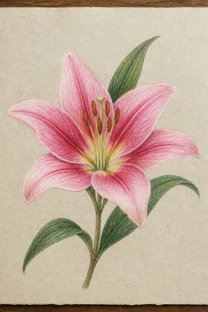A single pink lily drawing centered on off-white thrifted cardstock. Petal edges are inked in dark line, with soft pink shading and a bright highlight near the petal tips on the upper-left side. A pale wash background fades from light pink to near-white.