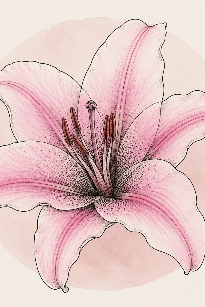A pink lily drawing where the center has dense dot shading like stippling. The petals are outlined in black, with pale pink gradients and darker fold lines. The background is a soft circle wash behind the flower.
