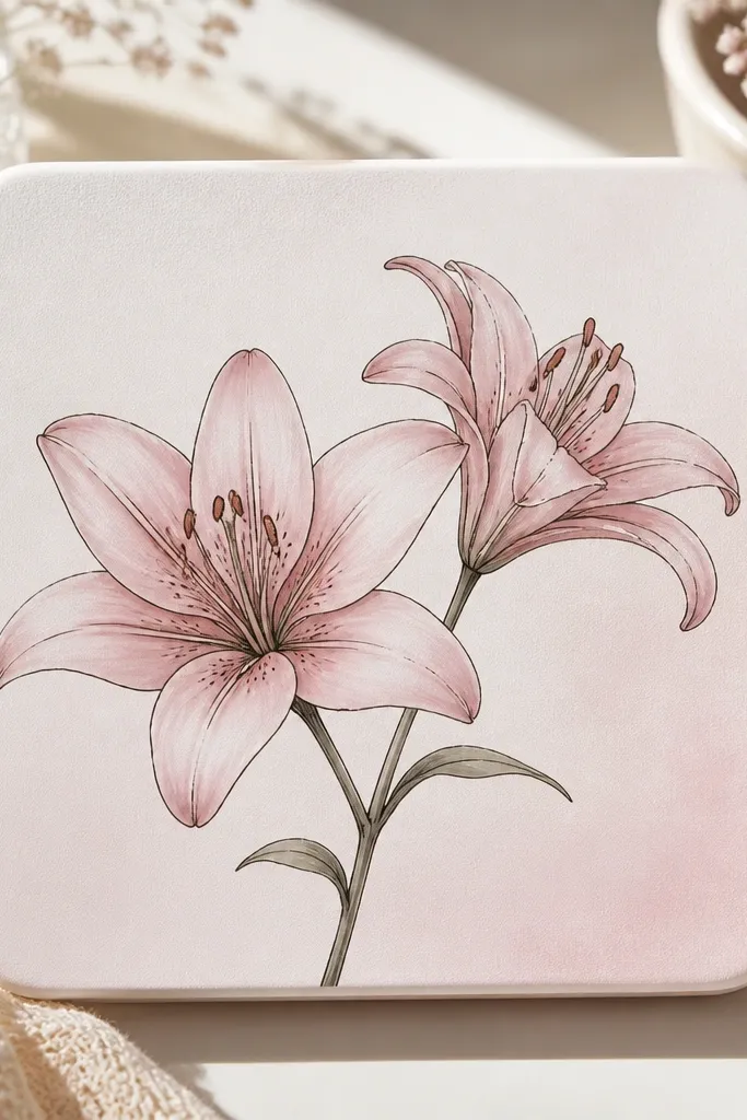 A repurposed jewelry box lid painted matte white with two pink lilies branching from one stem. One lily faces forward, the other tilts slightly. Dark linework defines petal folds, and the background has a very faint blush gradient.