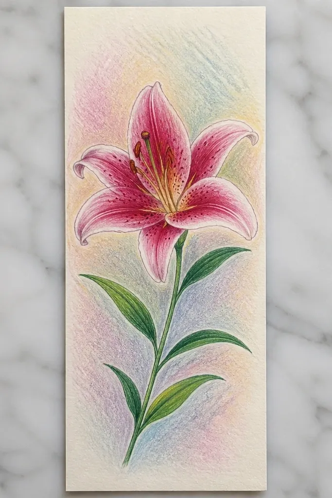 A tall narrow bookmark with one pink lily near the top third. The background is a feathered watercolor wash that fades into white toward the bottom. Vein lines are visible, and the petals have tiny gel highlight spots.