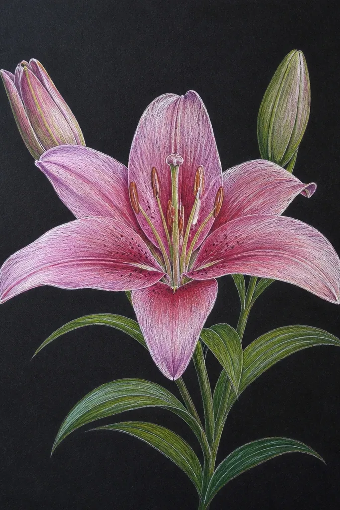 A pink lily drawing on black paper. The petals are outlined in fine black ink, with pink pigment that glows against the dark background. White gel pen highlights appear on the upper-left of each petal, and the center has darker pink stippling.