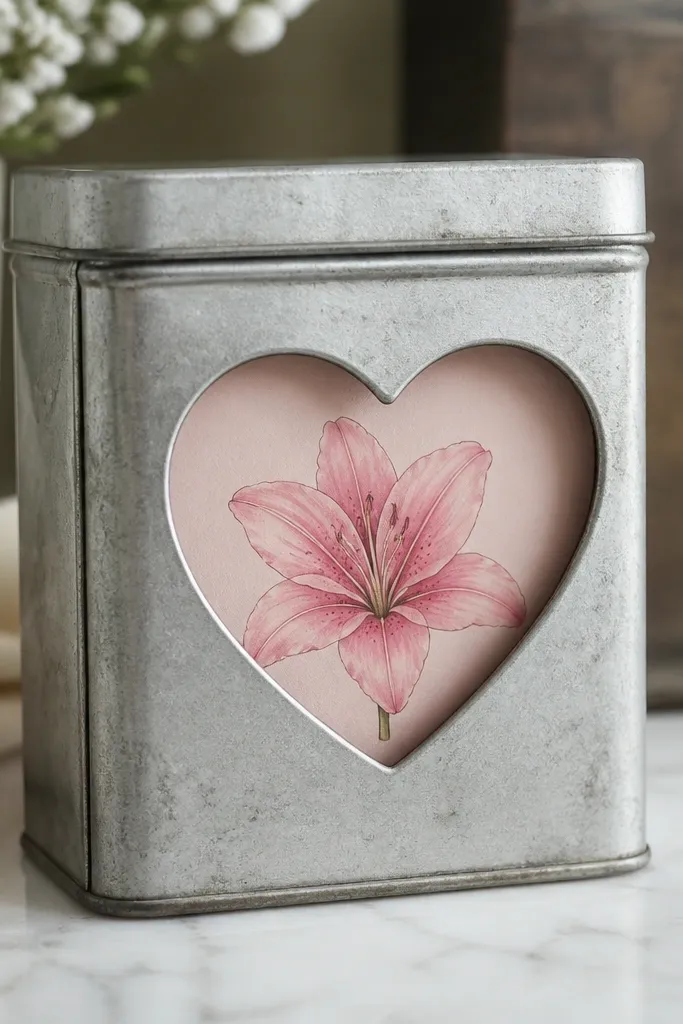 An upcycled metal tin with a heart-shaped cutout window. Behind the heart is a pale pink wash. A pink lily drawing sits inside the heart, with darker fold lines and a center dot cluster.