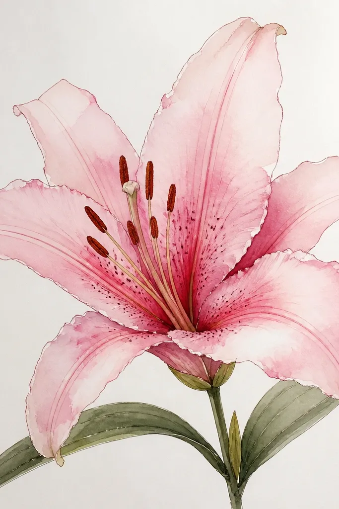 A pink lily drawn with watercolor-like washes. The petals have uneven edges where pigment bleeds slightly. Fine-liner veins are still visible, and the center has a soft darker pink gradient.