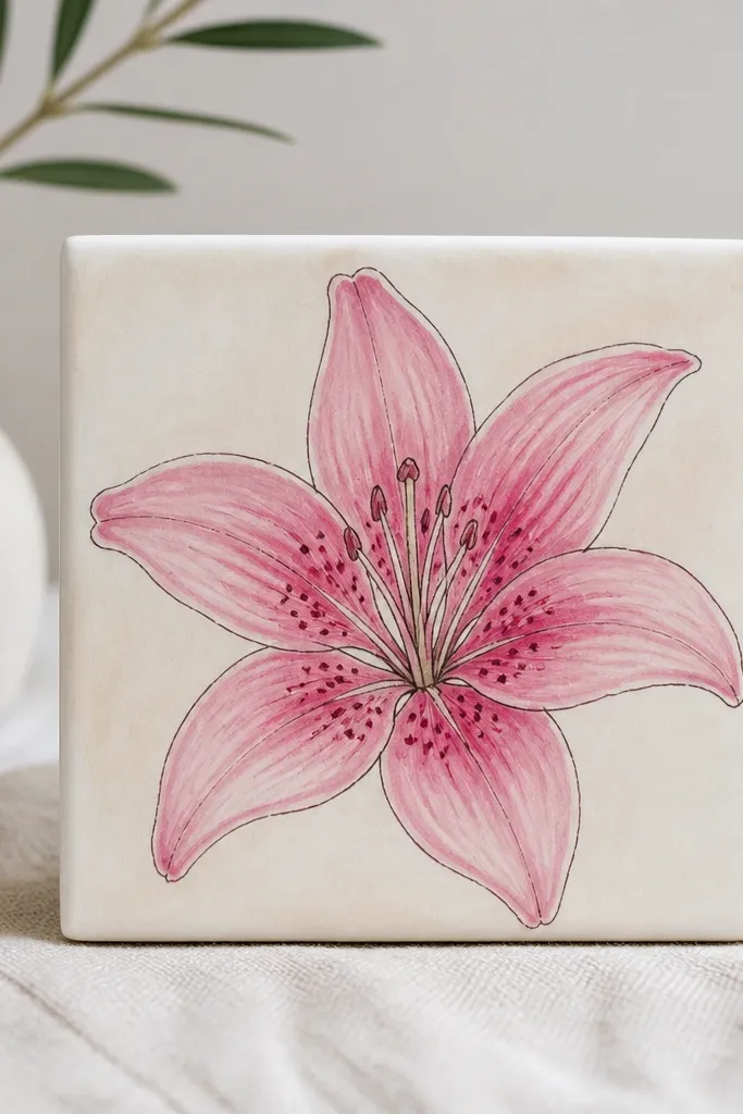 A small ceramic tile painted with a pink lily. Petals are shaded with acrylic pink paint, veins are drawn with a darker ink, and the center has tiny dot details. The tile background is a clean pale wash.