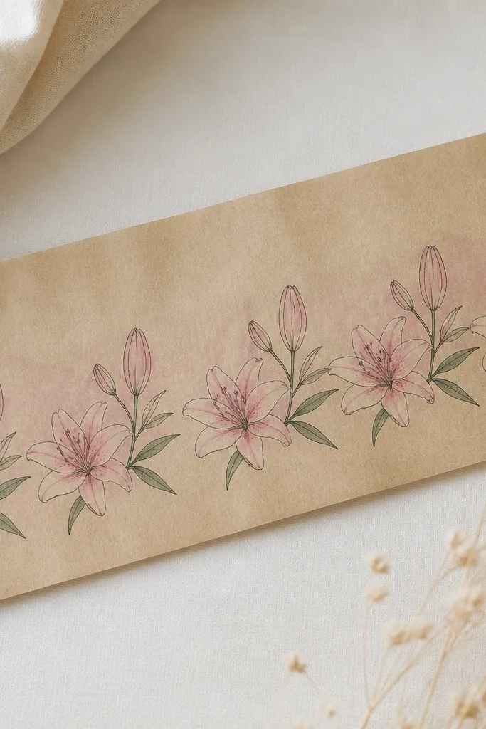 A long strip of brown kraft paper with a repeating border pattern: small pink lily blooms and buds. Petal outlines have consistent line weight, and there's a pale pink background wash behind the flowers.