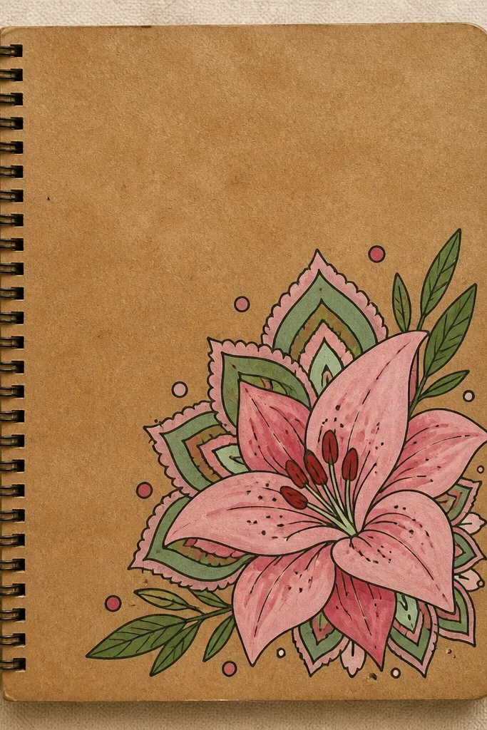A notebook cover with a pink lily in the top corner. Around it are small repeating circle details and petal shapes like a mini mandala. The center is stippled, and the background is a soft pink tint.