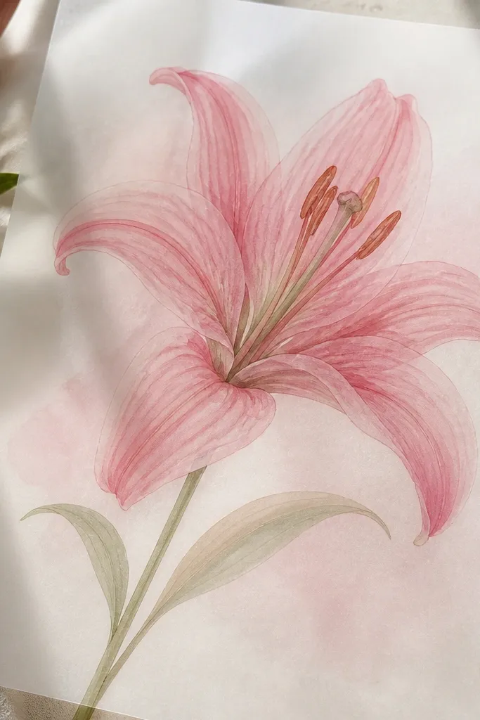 A vellum sheet with a pink lily drawing. The petals show layered pink tones from multiple passes, visible as slightly different opacity. The background is mostly clear, with a faint pink wash behind the lily.