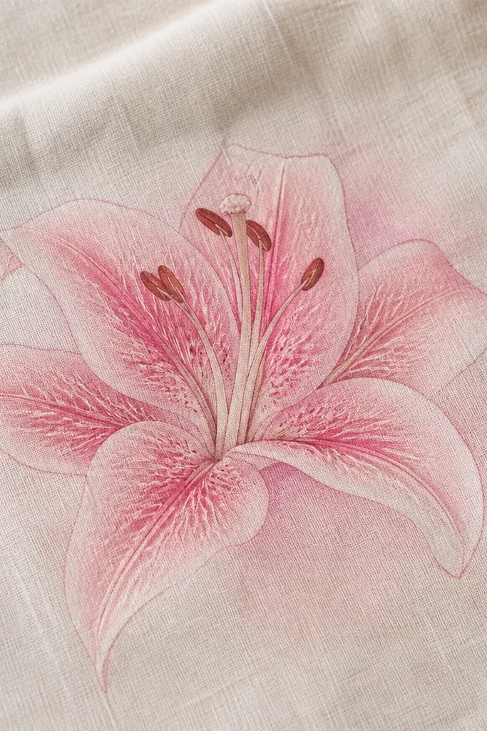 A piece of linen fabric with a pink lily drawing. Veins look like lace lines branching from the center. Petals are shaded in soft pink, and the background is left mostly bare with a faint blush around the flower.